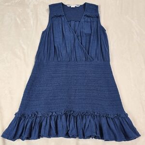 Veronica Beard Cox Blue Smocked Sleeveless Ruffle Cotton Mini Dres Large